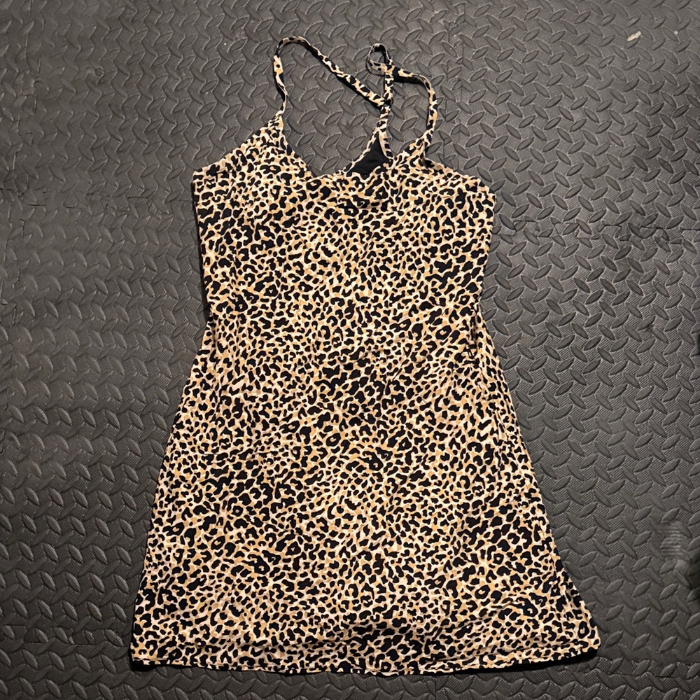 Outdoor Voices Leopard Print Slip Dress in Tan and Black